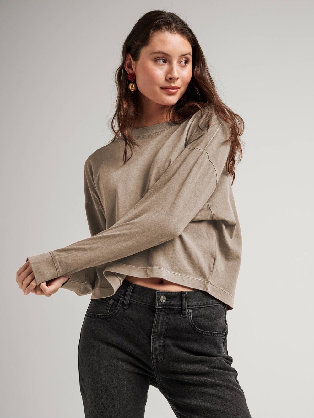 Richer Poorer Relaxed Crop Long Sleeve Tee, Warm Grey